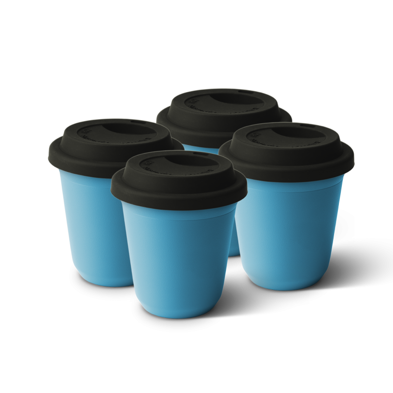 Lot de 4 tasses 240 ml BLEU, avec couvercle noir