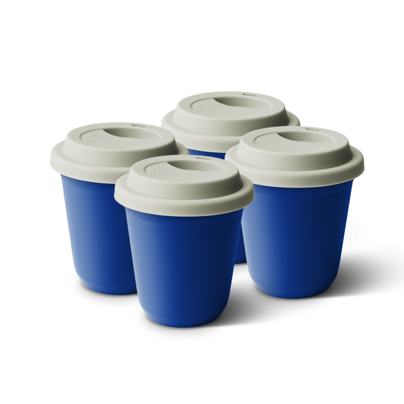 Lot de 4 tasses 80 ml BLEU, avec couvercle blanc