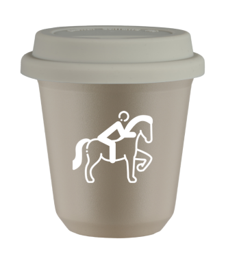 Tasse 80 ml BEIGE "Équitation 2 (blanc)", avec couvercle blanc Tasse 80 ml BEIGE "Équitation 2 (blanc)", avec couvercle blanc