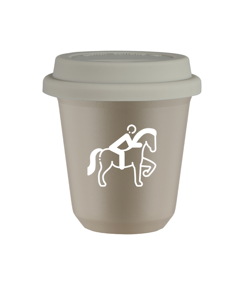 Tasse 80 ml BEIGE "Équitation 2 (blanc)", avec couvercle blanc