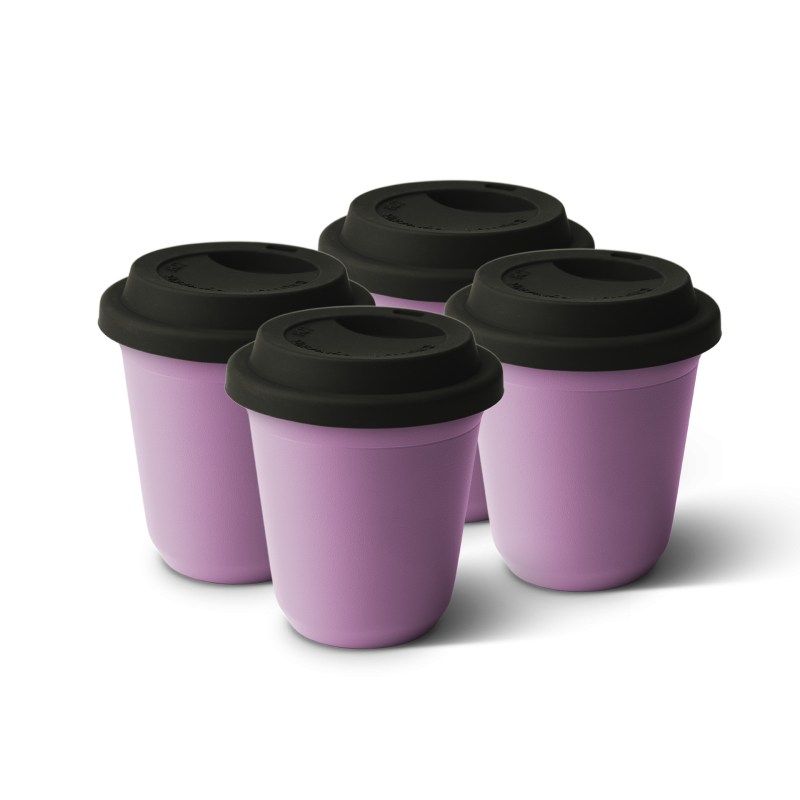 Lot de 4 tasses 150 ml LILAS, avec couvercle noir