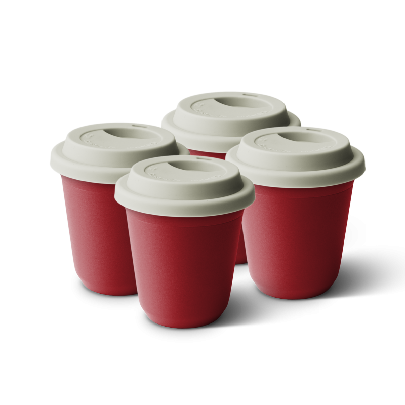 Lot de 4 tasses 150 ml ROUGE, avec couvercle blanc