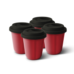 Lot de 4 tasses 80 ml ROUGE MÉTALLIQUE, avec couvercle noir