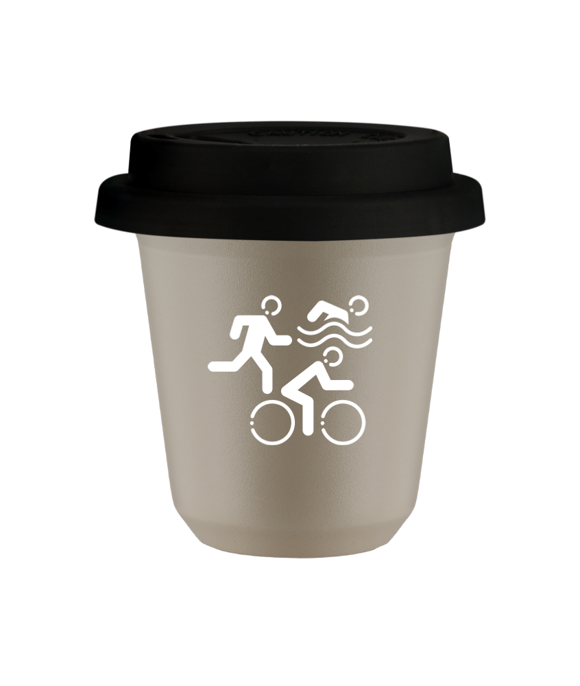 Tasse 80 ml BEIGE "Sports (blanc)", avec couvercle noir