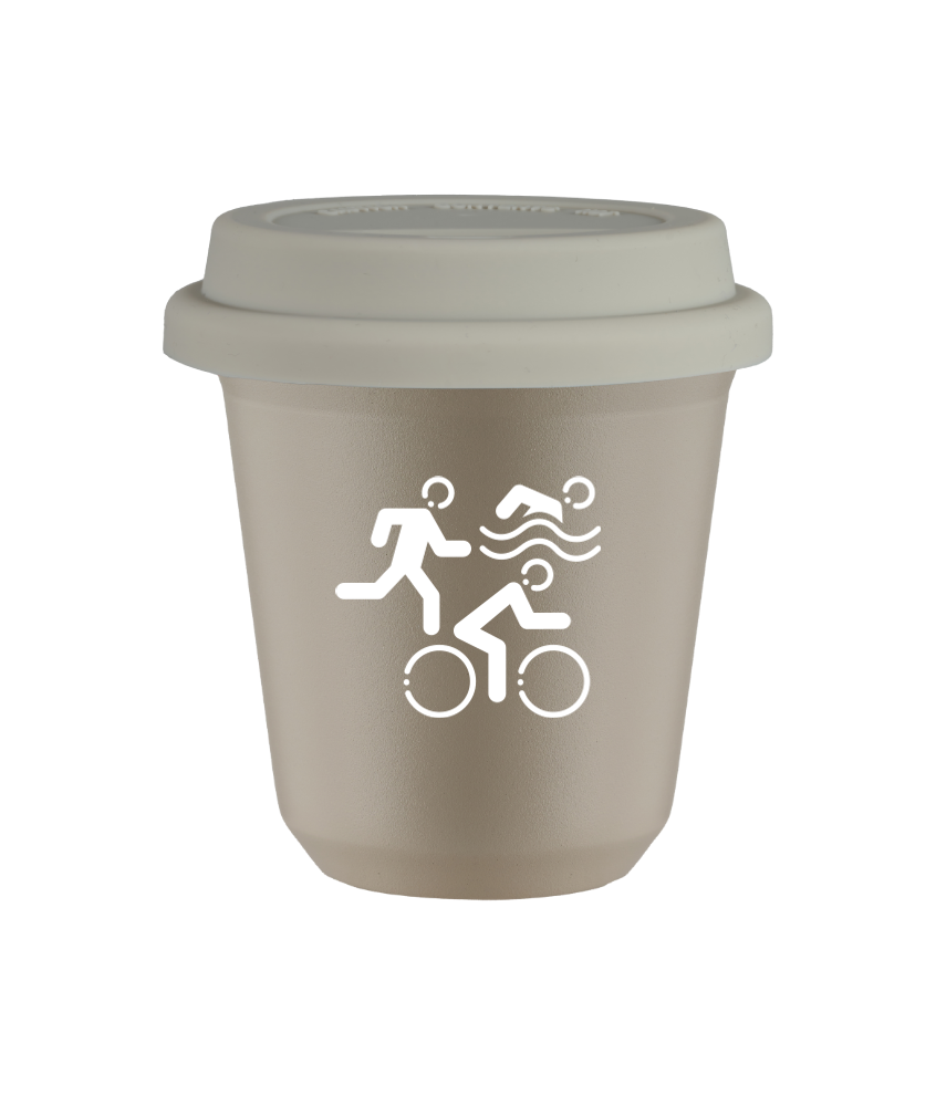 Tasse 80 ml BEIGE "Sports (blanc)", avec couvercle blanc
