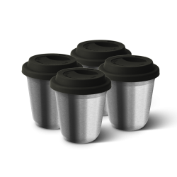Lot de 4 tasses 240 ml ARGENT, avec couvercle noir