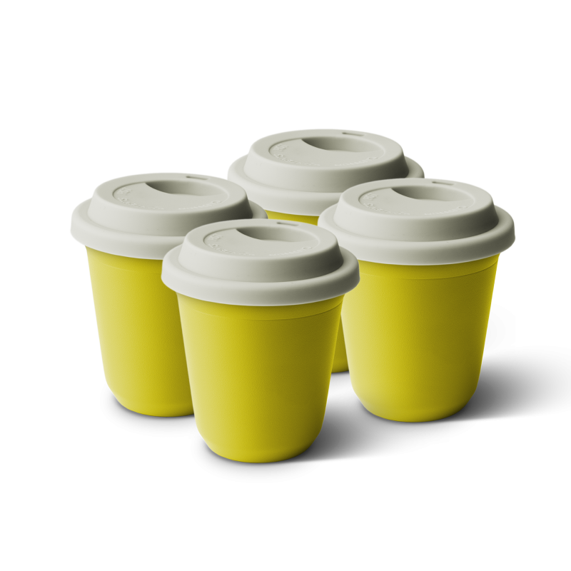 Lot de 4 tasses 80 ml JAUNE, avec couvercle blanc