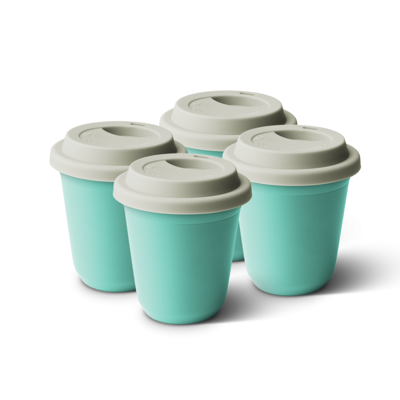 Lot de 4 tasses 240 ml TURQUOISE, avec couvercle blanc