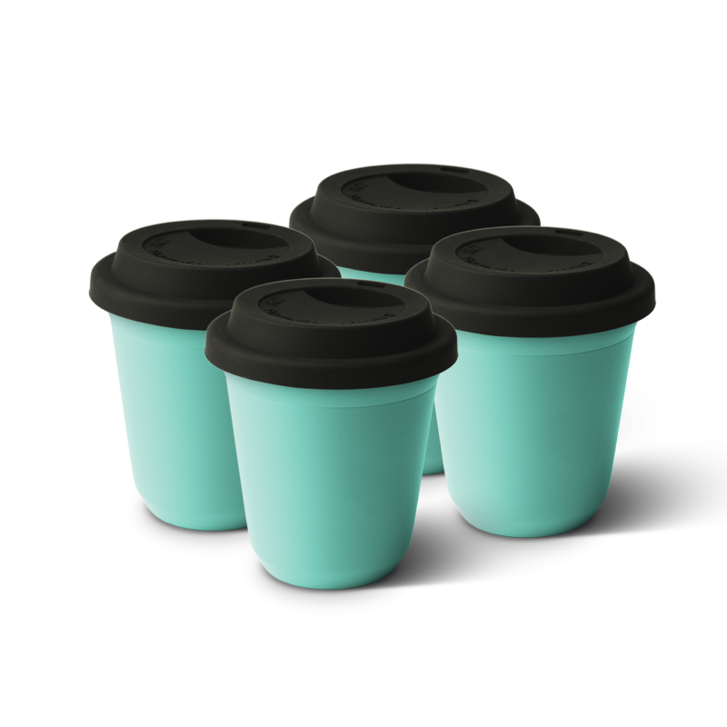 Lot de 4 tasses 240 ml TURQUOISE, avec couvercle noir