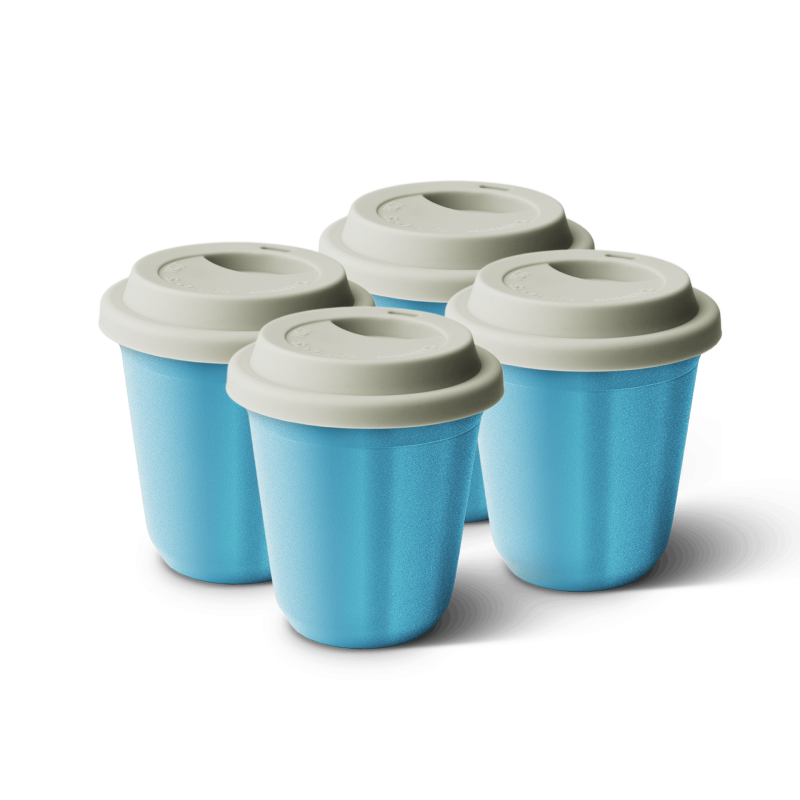 Lot de 4 tasses 150 ml BLEU MÉTALLIQUE, avec couvercle blanc