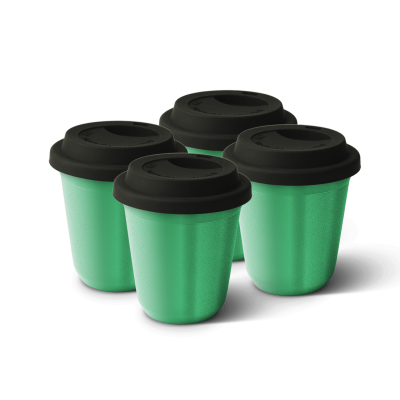 Lot de 4 tasses 150 ml VERT MÉTALLIQUE, avec couvercle noir