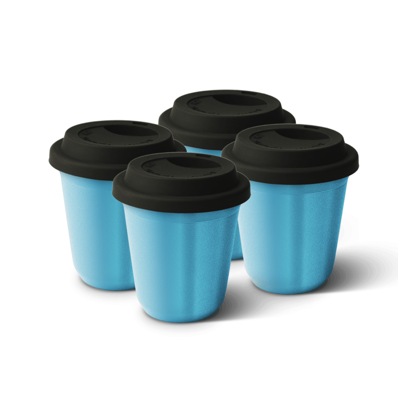 Lot de 4 tasses 80 ml BLEU MÉTALLIQUE, avec couvercle noir