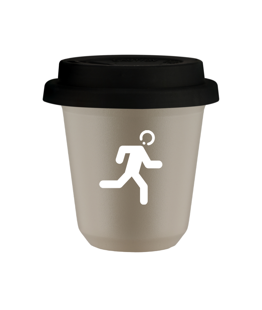 Tasse 80 ml BEIGE "Coureur (blanc)", avec couvercle noir