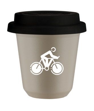 Tasse 80 ml BEIGE "Cyclisme 2 (blanc)", avec couvercle noir Tasse 80 ml BEIGE "Cyclisme 2 (blanc)", avec couvercle noir