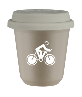Tasse 80 ml BEIGE "Cyclisme 2 (blanc)", avec couvercle blanc Tasse 80 ml BEIGE "Cyclisme 2 (blanc)", avec couvercle blanc