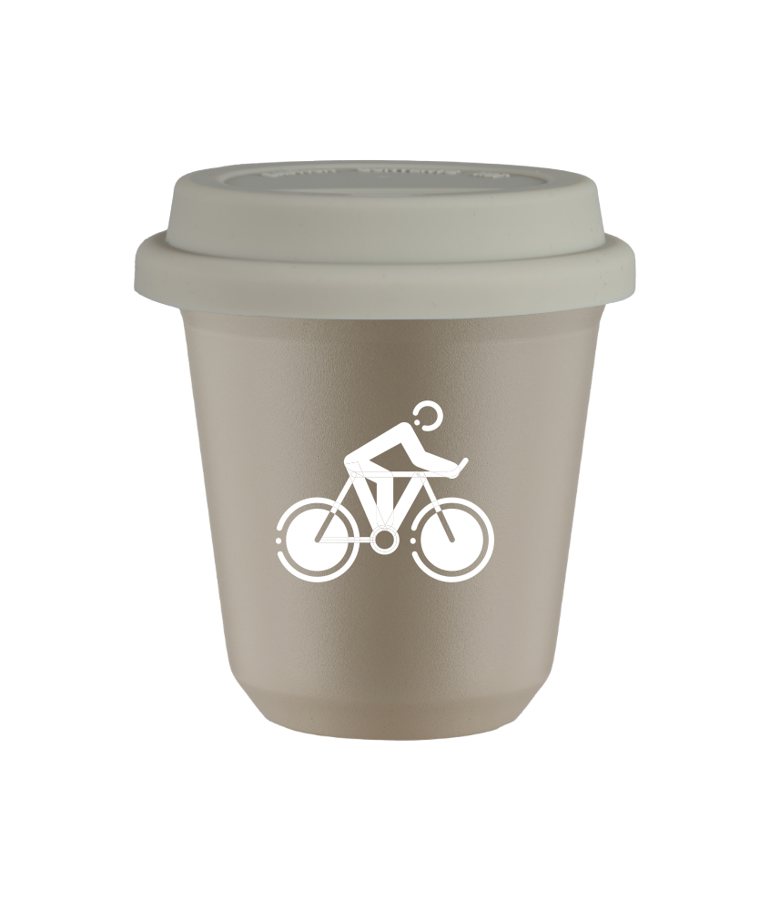 Tasse 80 ml BEIGE "Cyclisme 2 (blanc)", avec couvercle blanc