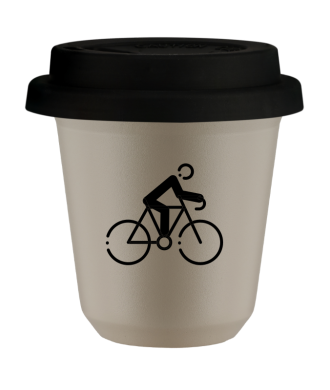 Tasse 80 ml BEIGE "Cyclisme 3", avec couvercle noir Tasse 80 ml BEIGE "Cyclisme 3", avec couvercle noir