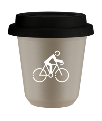 Tasse 80 ml BEIGE "Cyclisme 3 (blanc)", avec couvercle noir Tasse 80 ml BEIGE "Cyclisme 3 (blanc)", avec couvercle noir