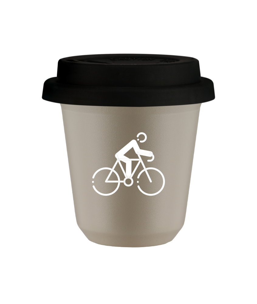 Tasse 80 ml BEIGE "Cyclisme 3 (blanc)", avec couvercle noir