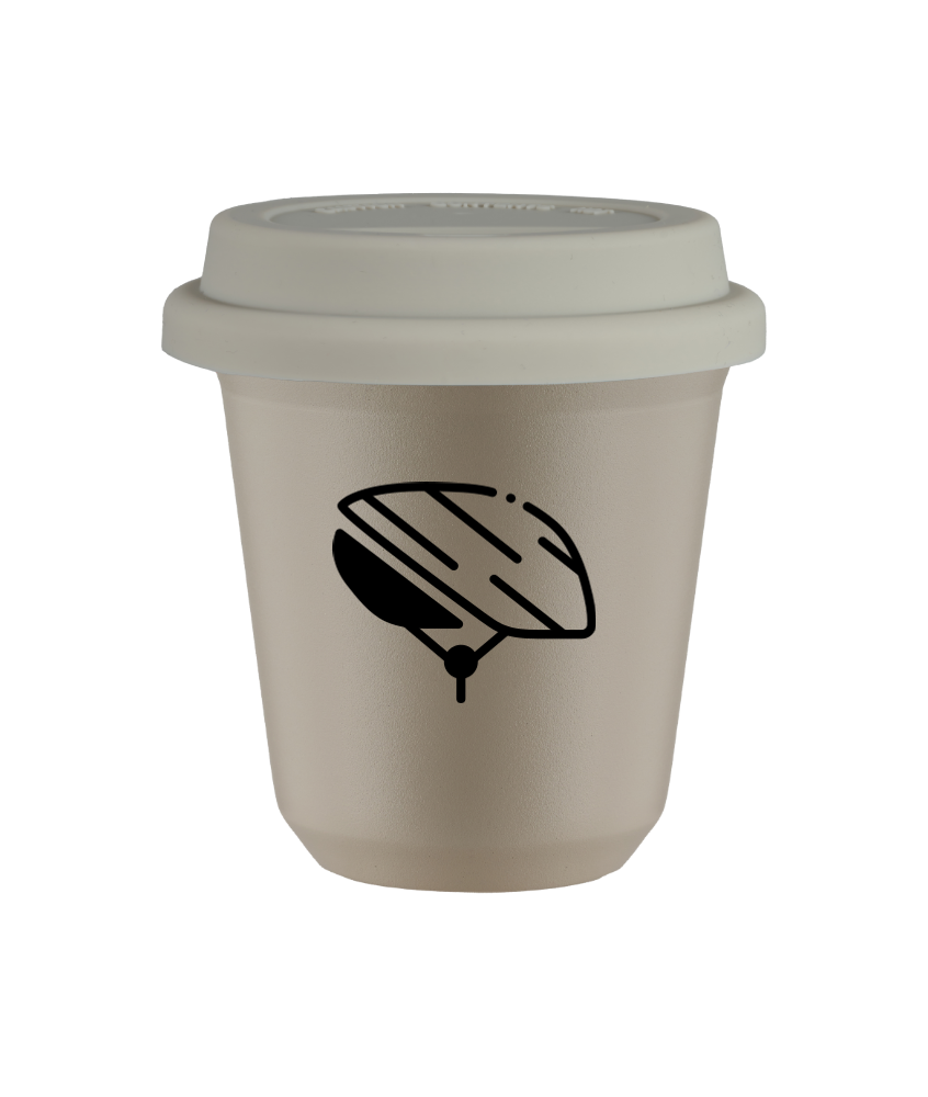 Tasse 80 ml BEIGE "Casque (noir)", avec couvercle blanc