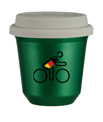 Tasse 80 ml VERT MÉTALLIQUE "Cycliste aux couleurs allemandes (noir)", avec couvercle blanc Tasse 80 ml VERT MÉTALLIQUE "Cycliste aux couleurs allemandes (noir)", avec couvercle blanc