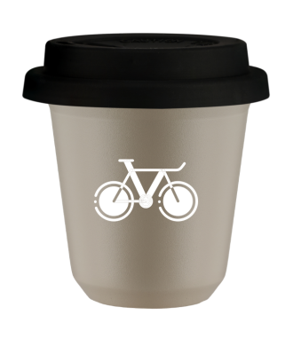 Tasse 80 ml BEIGE "Vélo 1 (blanc)", avec couvercle noir Tasse 80 ml BEIGE "Vélo 1 (blanc)", avec couvercle noir