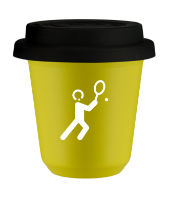Tasse 80 ml JAUNE "Tennis 1 (blanc)", avec couvercle noir Tasse 80 ml JAUNE "Tennis 1 (blanc)", avec couvercle noir
