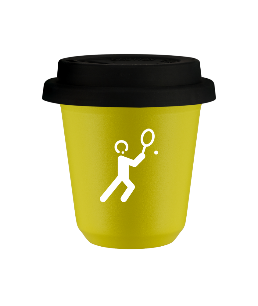 Tasse 80 ml JAUNE "Tennis 1 (blanc)", avec couvercle noir