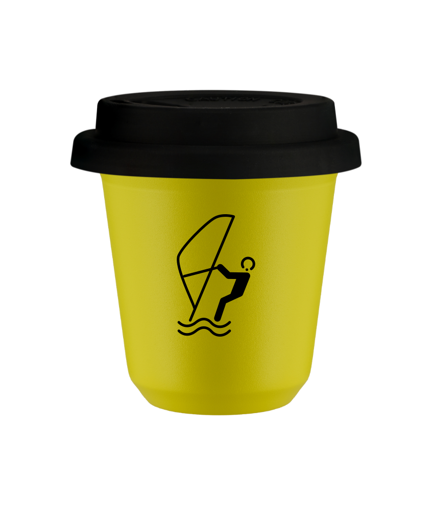 Tasse 80 ml JAUNE "Sports nautiques", avec couvercle noir