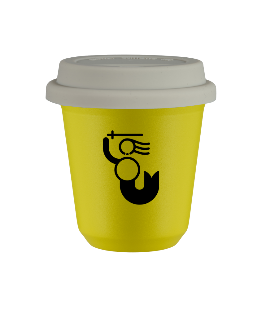 Tasse 80 ml JAUNE "WARSZAWSKA SYRENKA (noir)", avec couvercle blanc