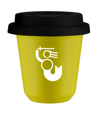 Tasse 80 ml JAUNE "WARSZAWSKA SYRENKA (blanc)", avec couvercle noir Tasse 80 ml JAUNE "WARSZAWSKA SYRENKA (blanc)", avec couvercle noir