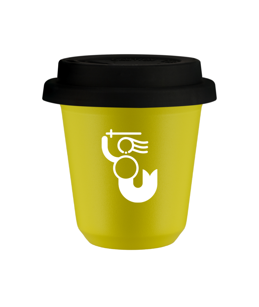 Tasse 80 ml JAUNE "WARSZAWSKA SYRENKA (blanc)", avec couvercle noir