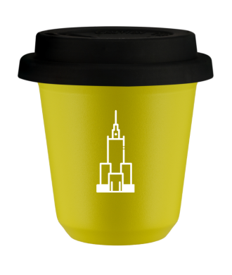 Tasse 80 ml JAUNE "Pałac kultury i nauki (blanc)", avec couvercle noir Tasse 80 ml JAUNE "Pałac kultury i nauki (blanc)", avec couvercle noir