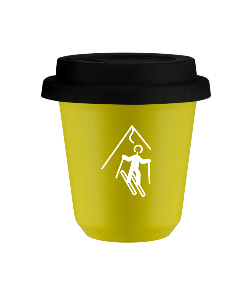 Tasse 80 ml JAUNE "Ski (blanc)", avec couvercle noir