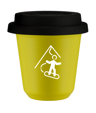 Tasse 80 ml JAUNE "Snowboard (blanc)", avec couvercle noir Tasse 80 ml JAUNE "Snowboard (blanc)", avec couvercle noir