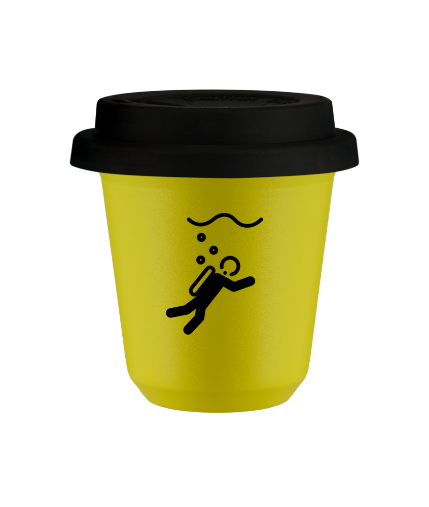 Tasse 80 ml JAUNE "Plongée (noir)", avec couvercle noir Tasse 80 ml JAUNE "Plongée (noir)", avec couvercle noir