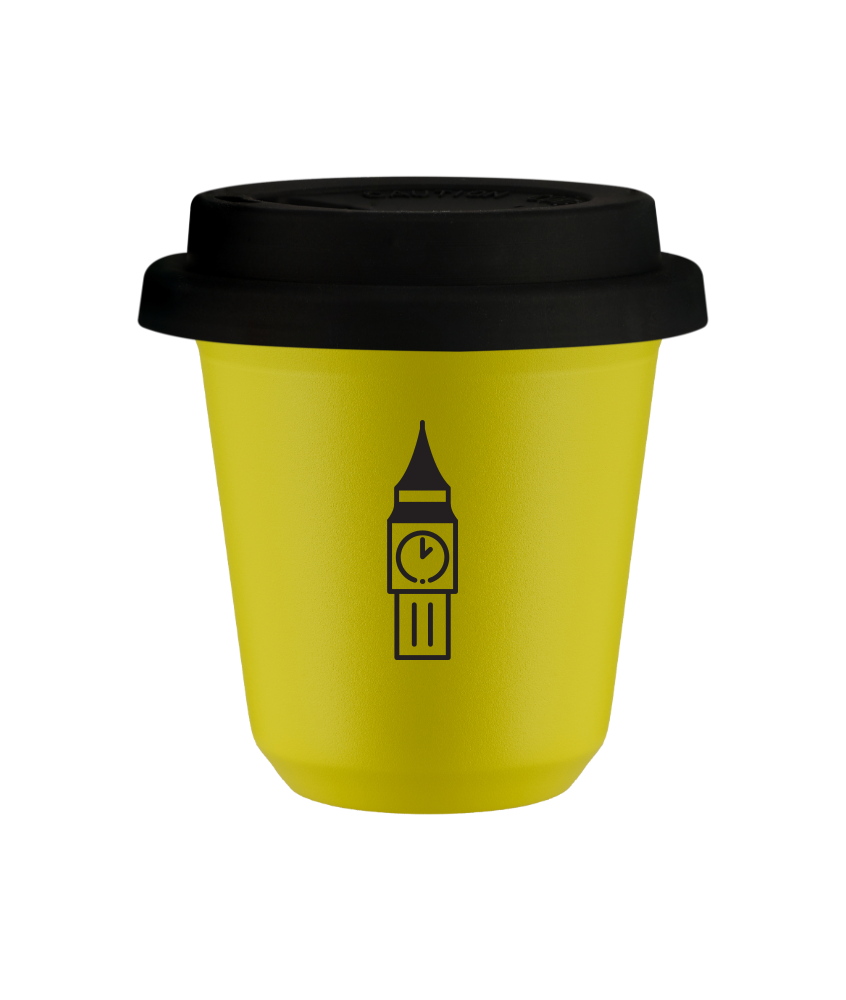 Tasse 80 ml JAUNE "BIG BEN", avec couvercle noir