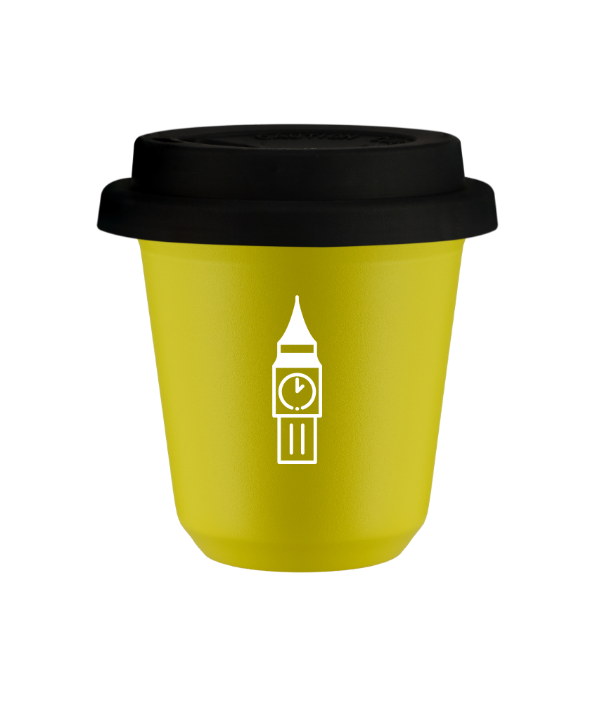 Tasse 80 ml JAUNE "BIG BEN (blanc)", avec couvercle noir