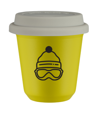 Tasse 80 ml JAUNE "Casquette (noir)", avec couvercle blanc Tasse 80 ml JAUNE "Casquette (noir)", avec couvercle blanc