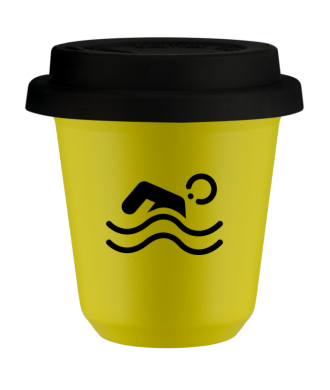 Tasse 80 ml JAUNE "Natation (noir)", avec couvercle noir Tasse 80 ml JAUNE "Natation (noir)", avec couvercle noir