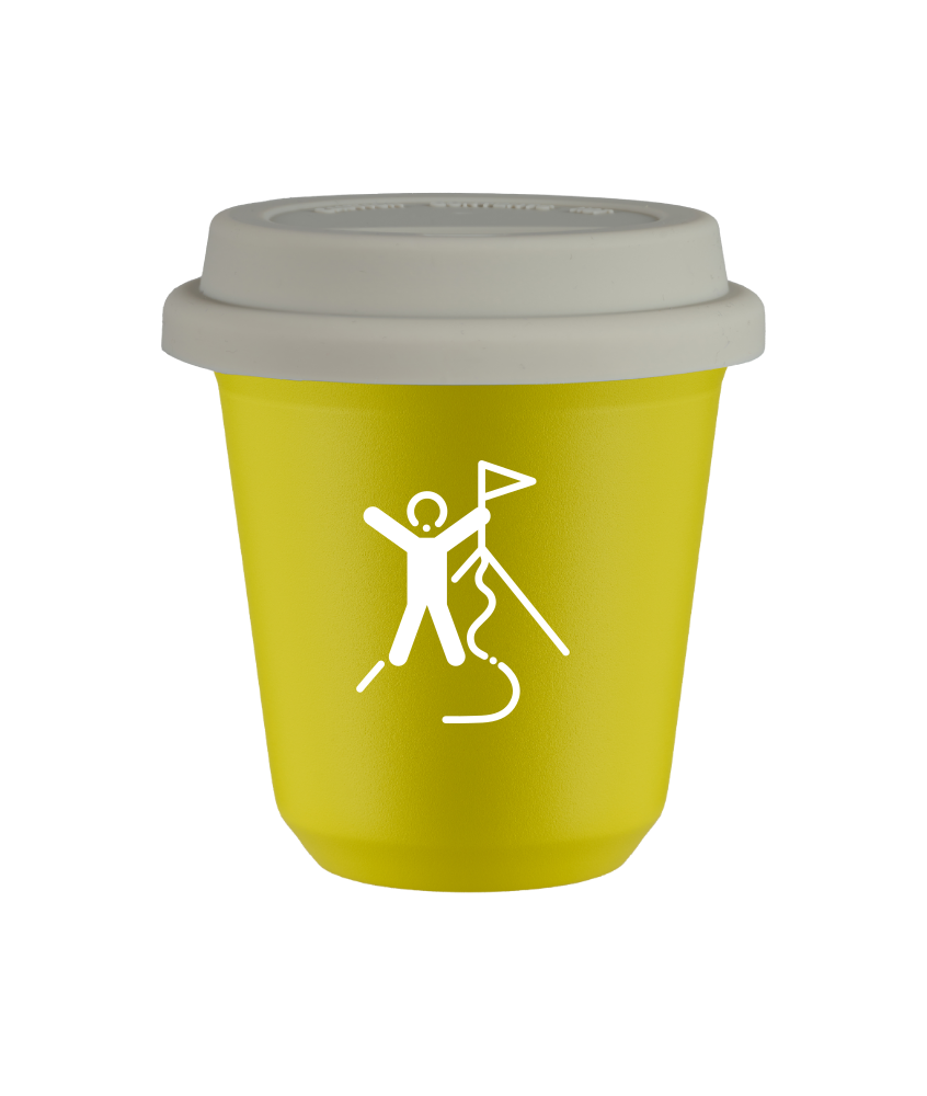 Tasse 80 ml JAUNE "Escalade 1 (blanc)", avec couvercle blanc