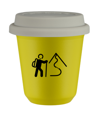 Tasse 80 ml JAUNE "Escalade 2 (noir)", avec couvercle blanc Tasse 80 ml JAUNE "Escalade 2 (noir)", avec couvercle blanc