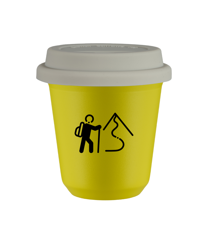 Tasse 80 ml JAUNE "Escalade 2 (noir)", avec couvercle blanc
