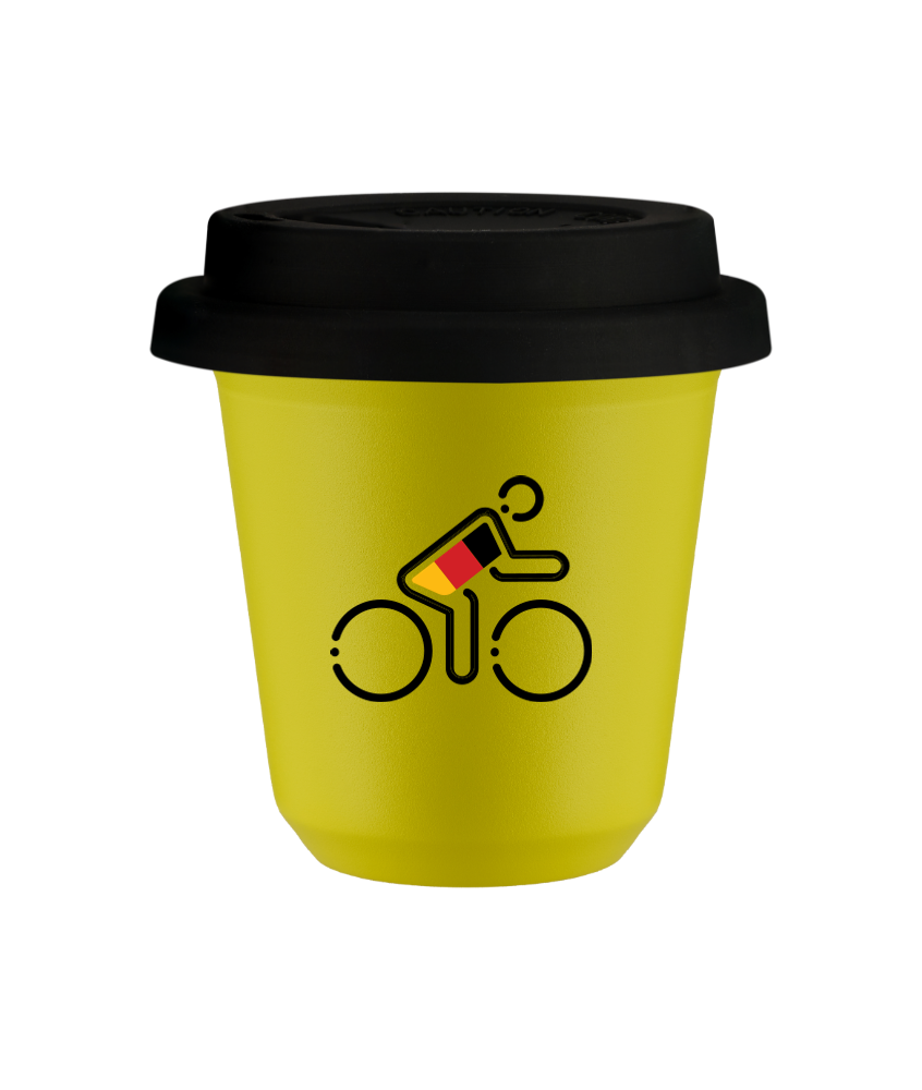Tasse 80 ml JAUNE "Cycliste aux couleurs allemandes (noir)", avec couvercle noir