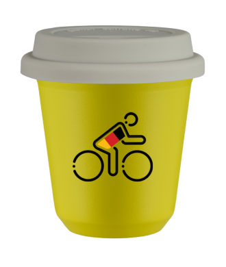 Tasse 80 ml JAUNE "Cycliste aux couleurs allemandes (noir)", avec couvercle blanc Tasse 80 ml JAUNE "Cycliste aux couleurs allemandes (noir)", avec couvercle blanc