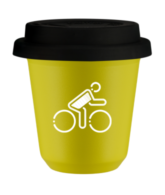 Tasse 80 ml JAUNE "Cycliste aux couleurs britanniques (blanc)", avec couvercle noir Tasse 80 ml JAUNE "Cycliste aux couleurs britanniques (blanc)", avec couvercle noir