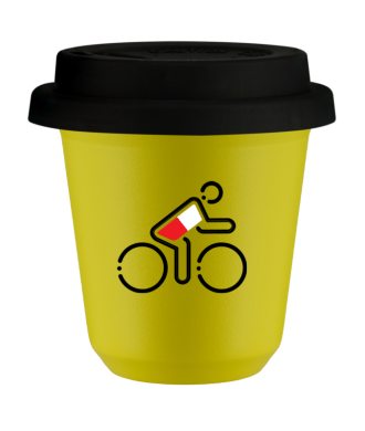 Tasse 80 ml JAUNE "Cycliste aux couleurs polonaises", avec couvercle noir Tasse 80 ml JAUNE "Cycliste aux couleurs polonaises", avec couvercle noir