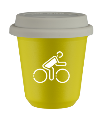 Tasse 80 ml JAUNE "Cycliste aux couleurs polonaises (blanc)", avec couvercle blanc Tasse 80 ml JAUNE "Cycliste aux couleurs polonaises (blanc)", avec couvercle blanc