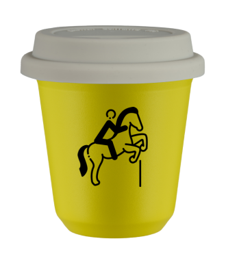 Tasse 80 ml JAUNE "Équitation 1", avec couvercle blanc Tasse 80 ml JAUNE "Équitation 1", avec couvercle blanc