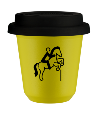 Tasse 80 ml JAUNE "Équitation 1 (noir)", avec couvercle noir Tasse 80 ml JAUNE "Équitation 1 (noir)", avec couvercle noir